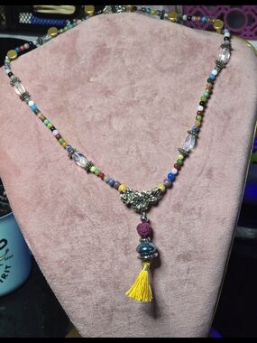 Multi-Color Stone & Chrystal Wire Beaded Necklace With Golden Drop Tassle